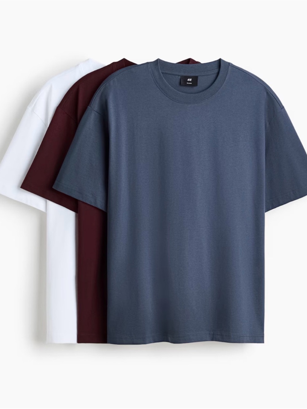 H&M Men's Crew Neck T-Shirt Set in White, Maroon, Blue - XL